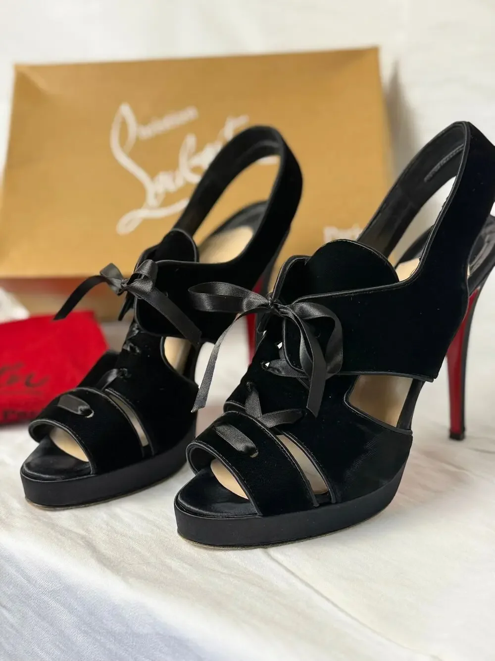 Christian Louboutin Sarah B Black Satin Ribbon Platform Sandals EU 40